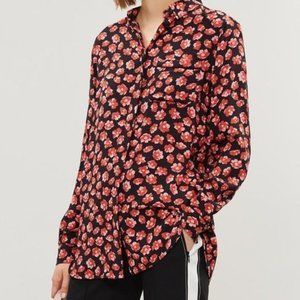 Ganni Printed Crepe Shirt in red flower | Size 34, XS | floral button-up